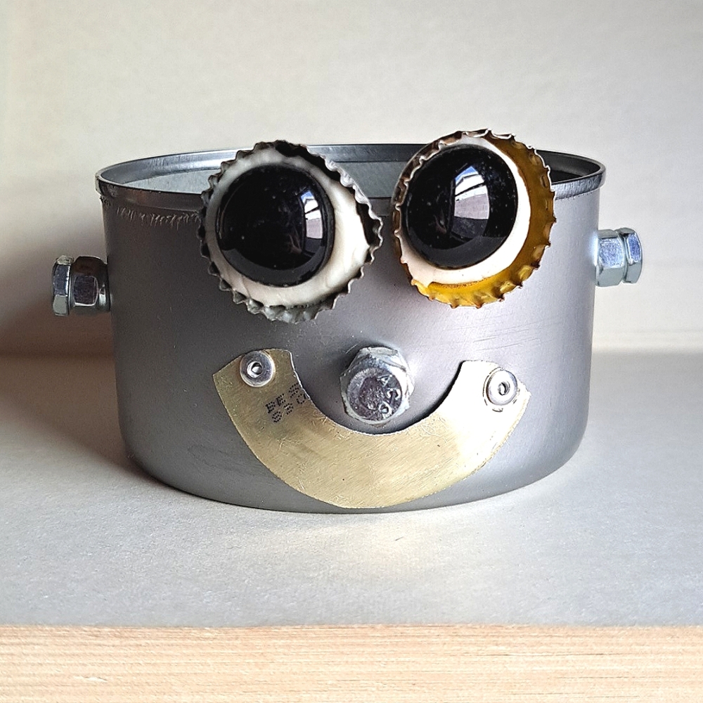 Happy Retro Robot Scrap Metal Art Handmade Handcrafted Small Container